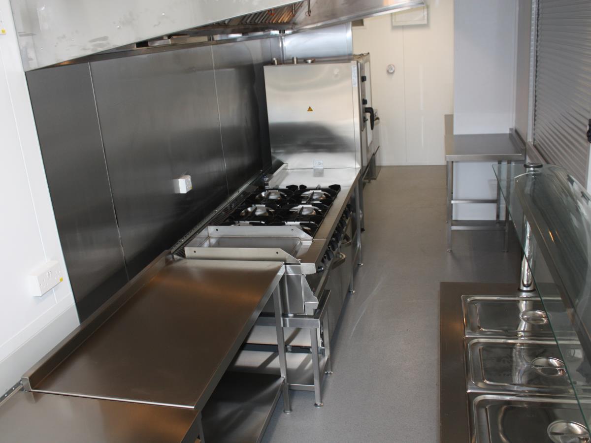 An example layout of our shipping container kitchen available for worldwide overseas deployment.